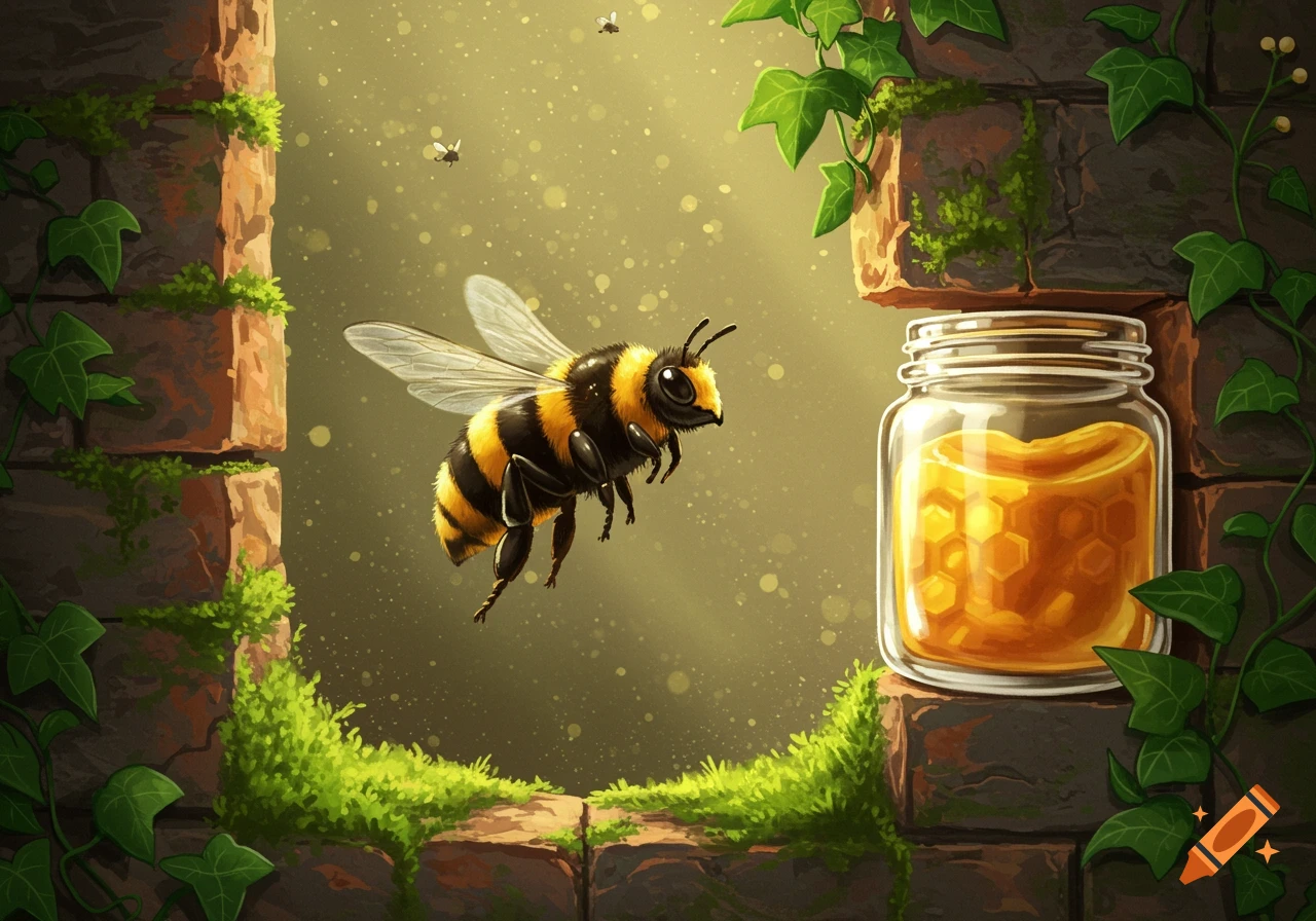 An illustrated honeybee flies towards a jar of golden honeycomb, sunlight shining through a mossy stone wall with ivy.