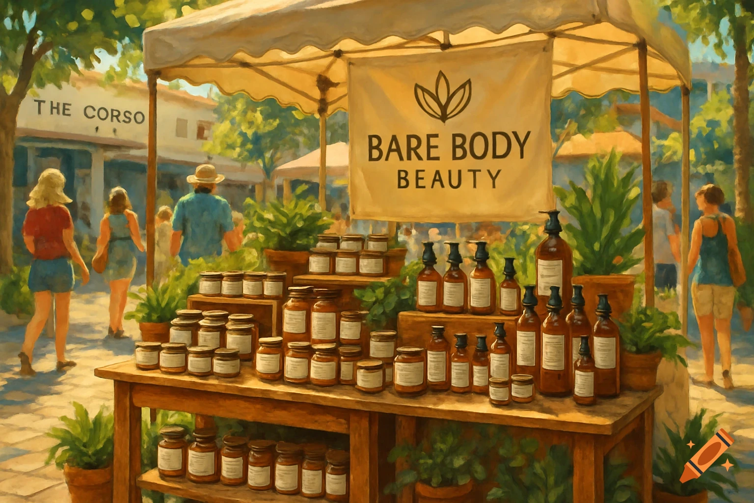 An impressionistic painting of an outdoor market stall selling skincare products under a yellow canopy, with people browsing on a sunny day.