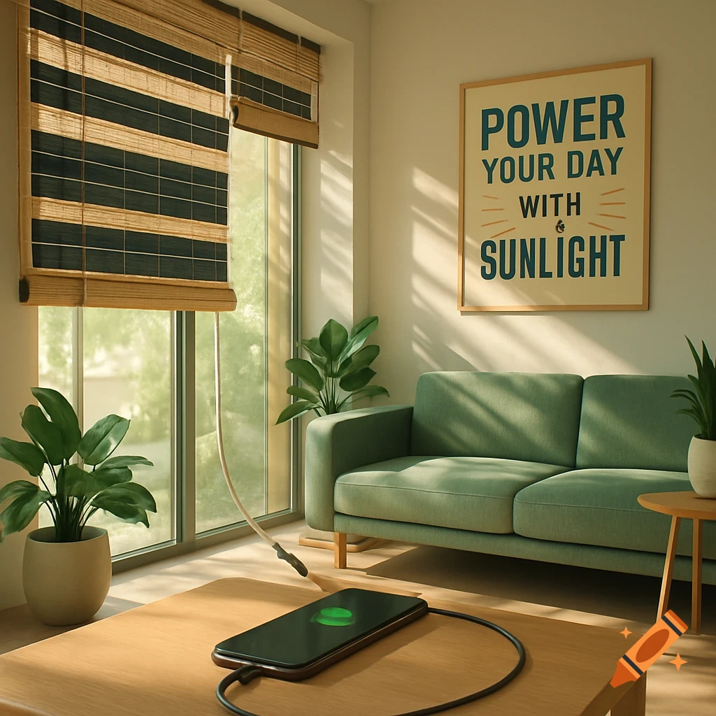 A modern, sunlit living room with bamboo solar blinds, a green sofa, plants, and a phone charging on a wooden table. A poster reads "Power Your Day with Sunlight."
