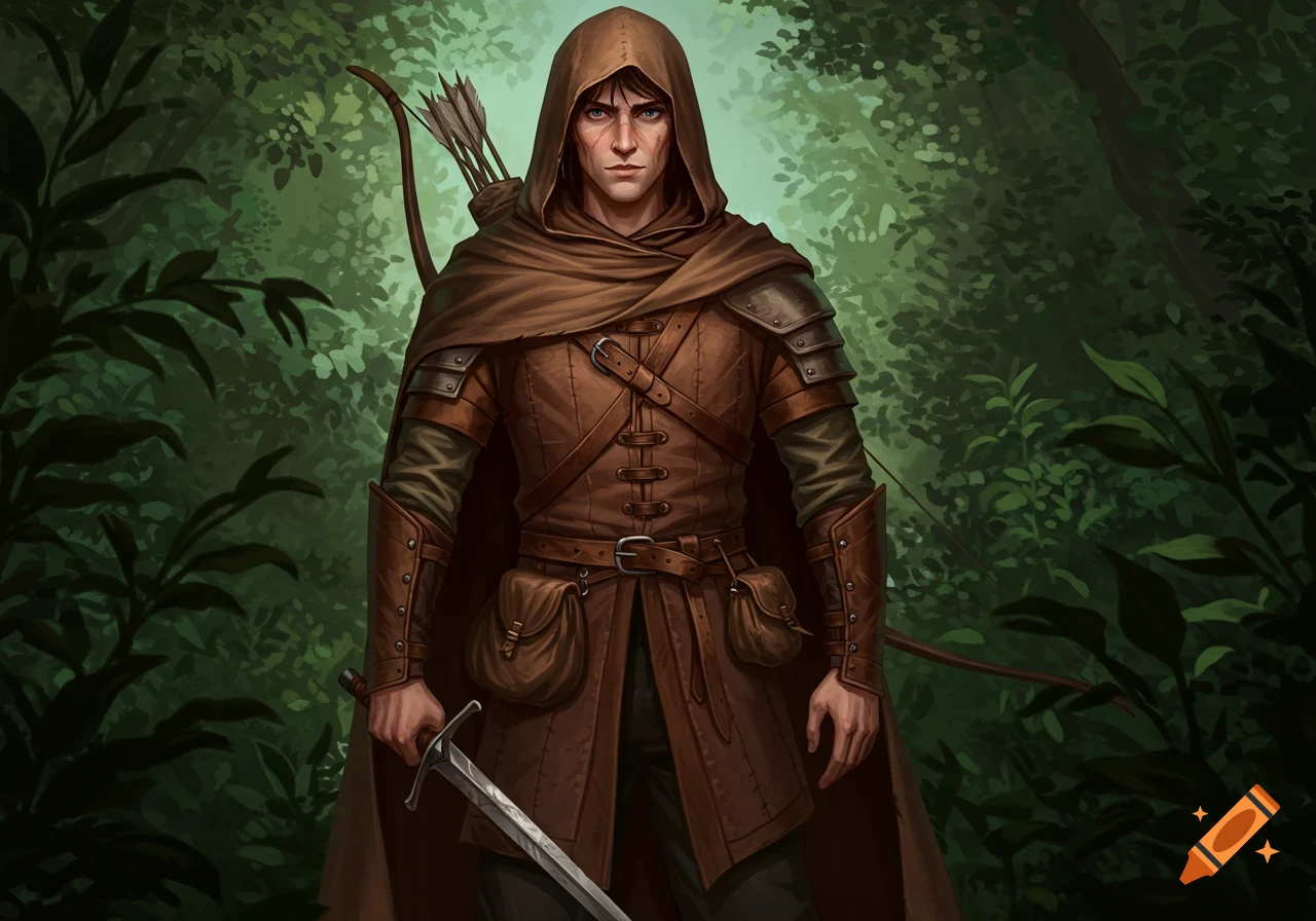 A serious male human ranger in a brown hooded cloak and leather armor stands in a forest, holding a sword and carrying a bow.