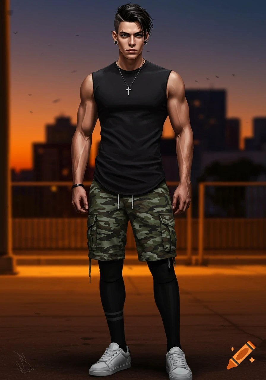 A muscular man with a black sleeveless shirt, cross necklace, camo shorts, and black socks stands in an urban setting at sunset.