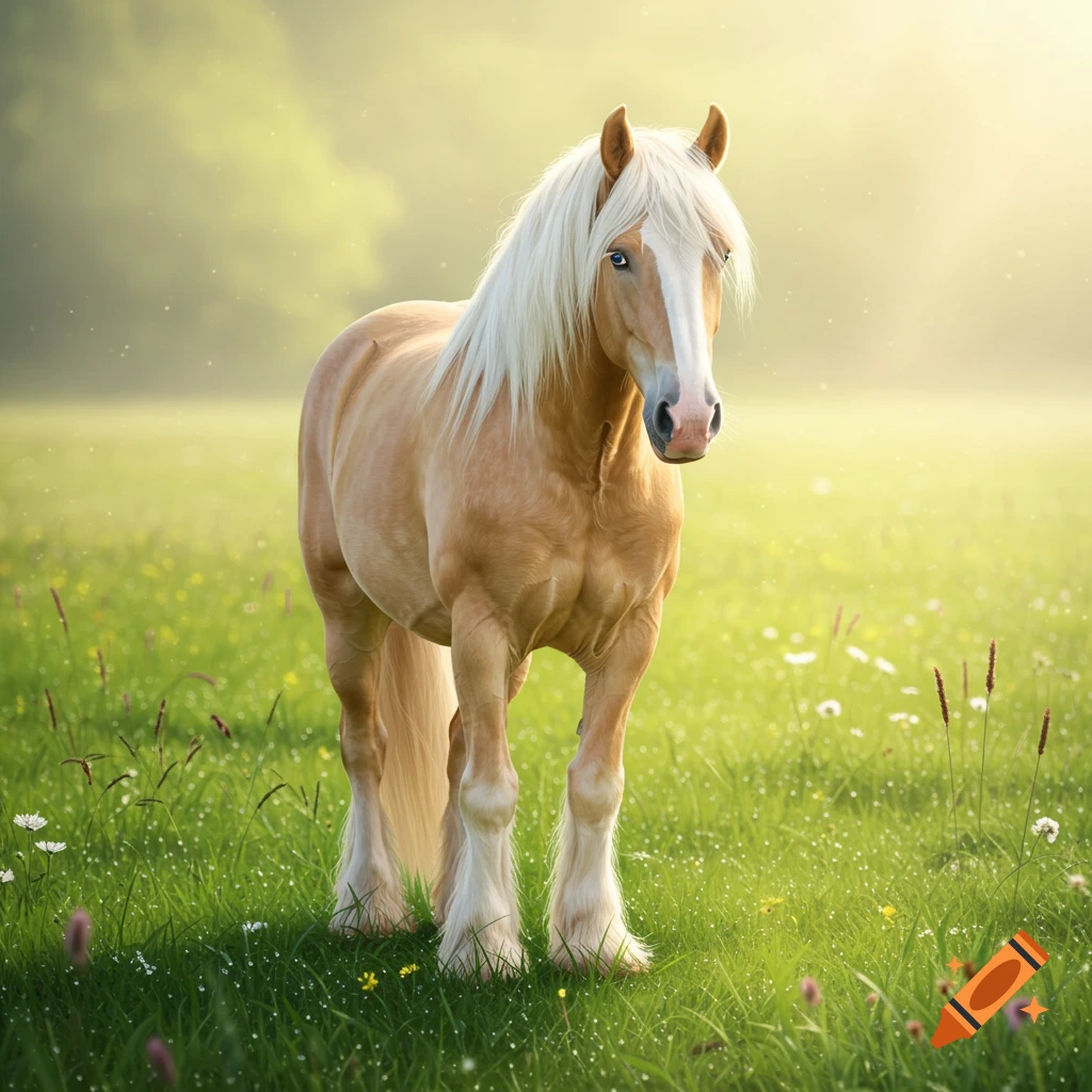 A palomino gypsy vanner horse with a flowing white mane and blue eyes stands in a sunlit green meadow.