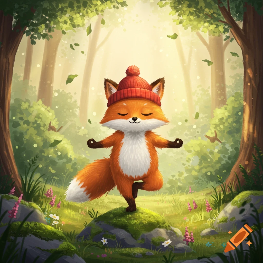 A cute cartoon fox in a red beanie meditates on one leg in a sunny forest.
