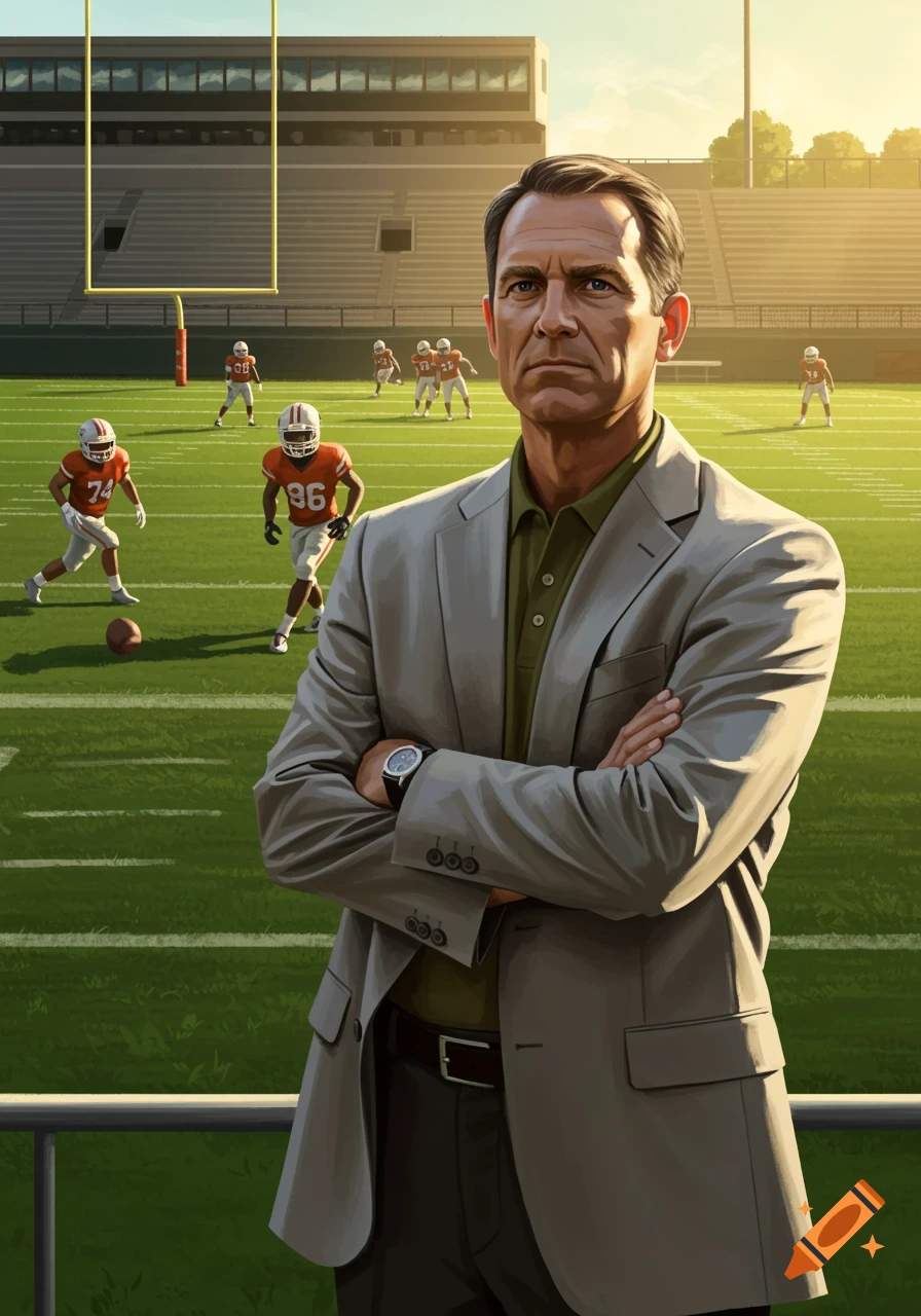 A serious-looking man in a suit jacket stands with arms crossed, overlooking a football field with players practicing in the background.