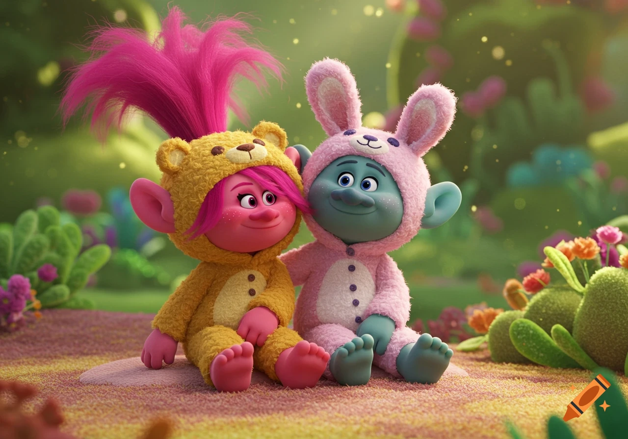 Princess Poppy in a bear onesie and Branch in a bunny onesie sitting together in a colorful, whimsical outdoor setting.