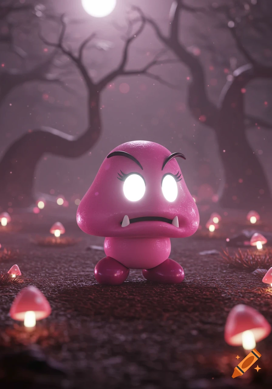 A creepy pink female Goomba-like creature with glowing white eyes and fangs stands in a dark, foggy forest with glowing red mushrooms under a full moon, in a photorealistic style.