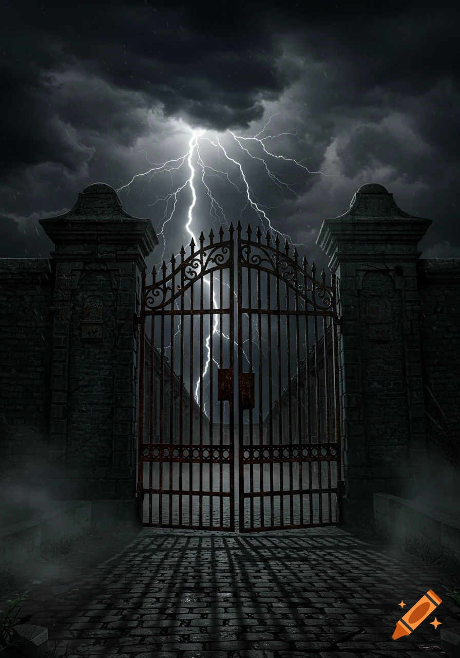 A dark, ominous scene of an old, rusty ornate gate set into a stone wall under a stormy sky with bright lightning. A cobbled path leads up to the gate.