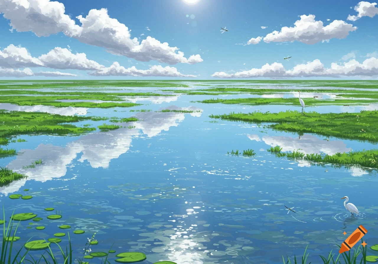 A vibrant, stylized landscape of a vast wetland with green marsh grasses, blue water reflecting a sunny sky with white clouds, and two white egrets.