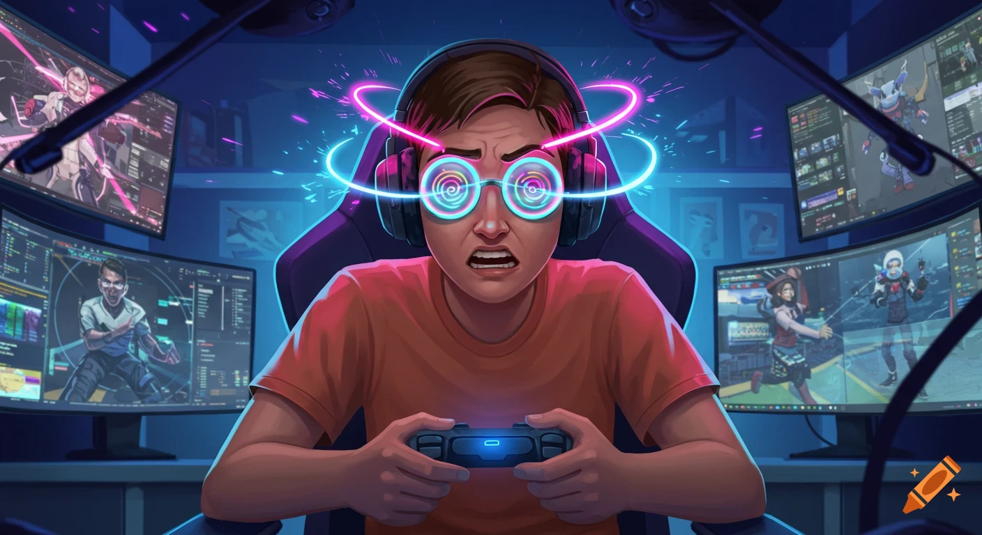 A cartoon gamer with headphones and a controller sits intensely focused at a desk, surrounded by multiple glowing computer monitors, with neon light swirling around their head.