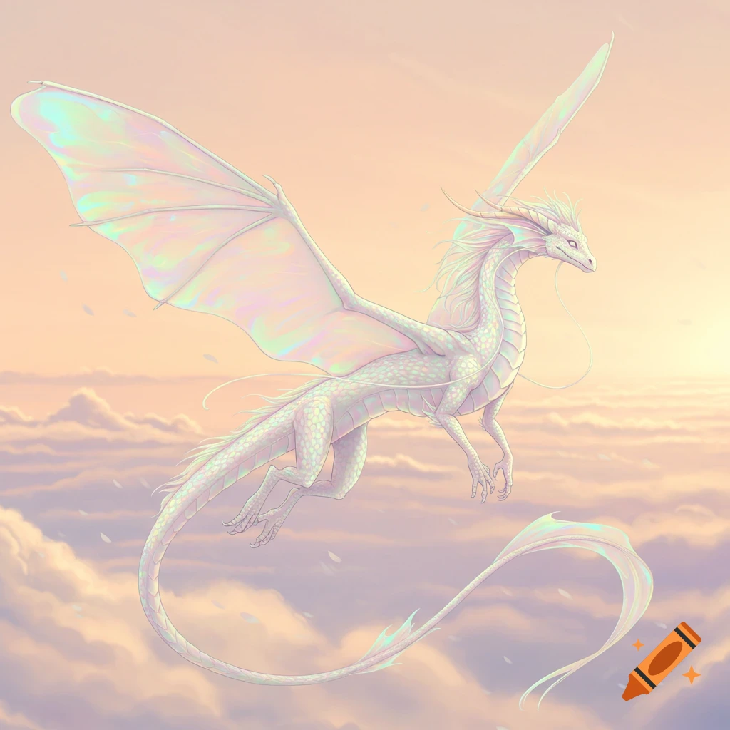 A soft, pale iridescent dragon with large wings flies gracefully through a pastel-colored sky filled with clouds.