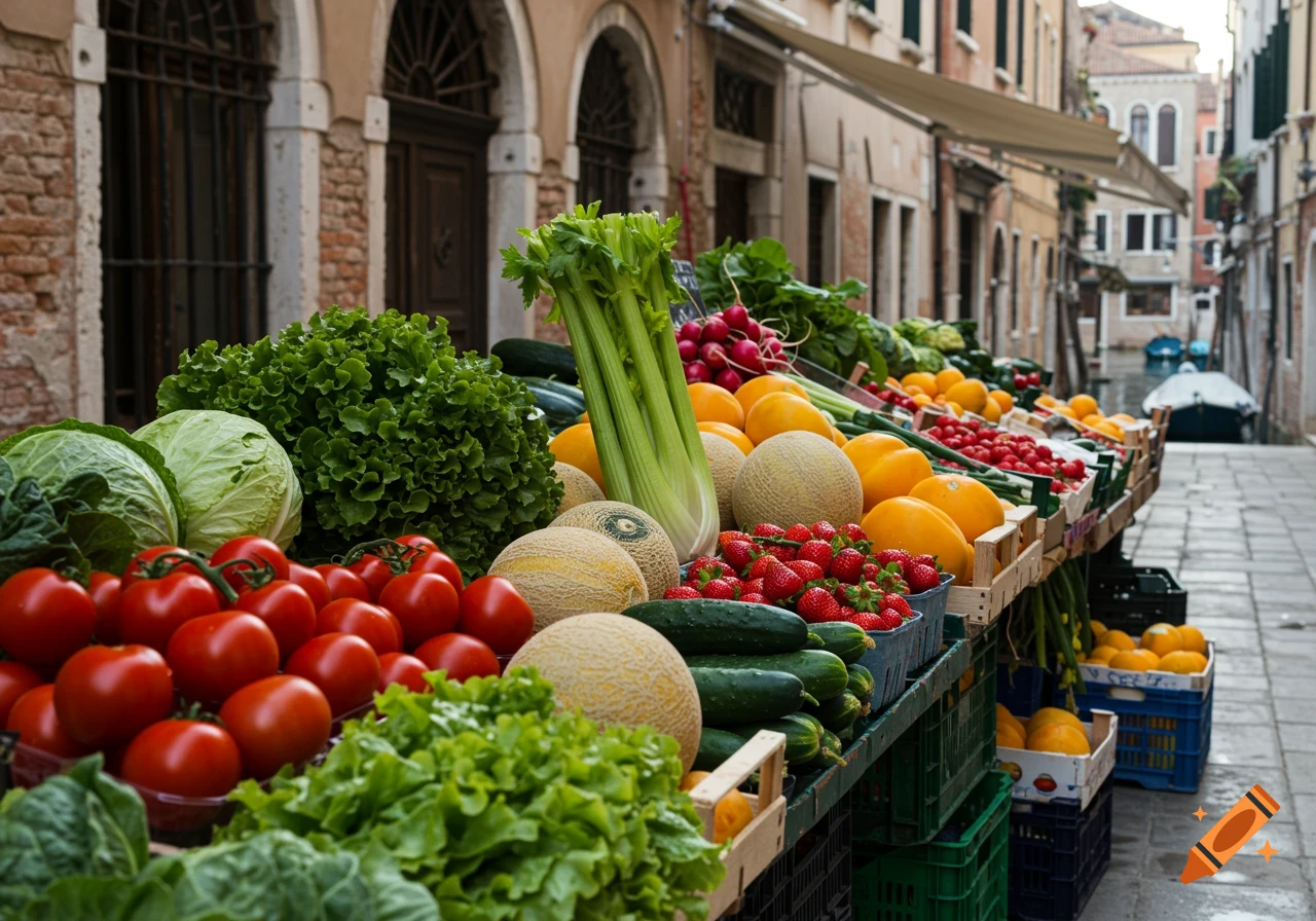 A vibrant market stall overflowing with fresh fruits and vegetables like tomatoes, lettuce, melons, and strawberries, along a narrow street in Venice.