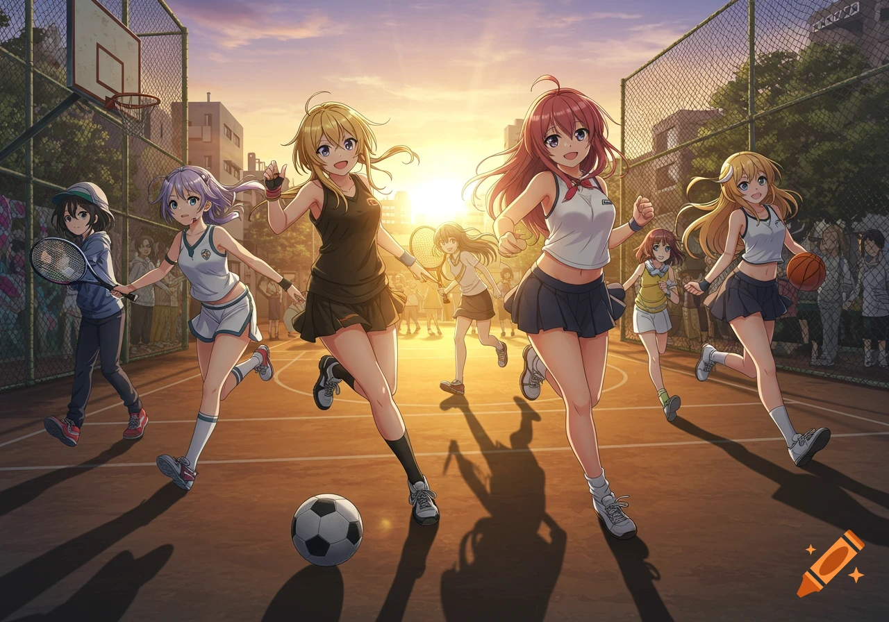 Anime-style illustration of several young women in sportswear running on an outdoor basketball court at sunset, with a soccer ball and basketball on the ground.