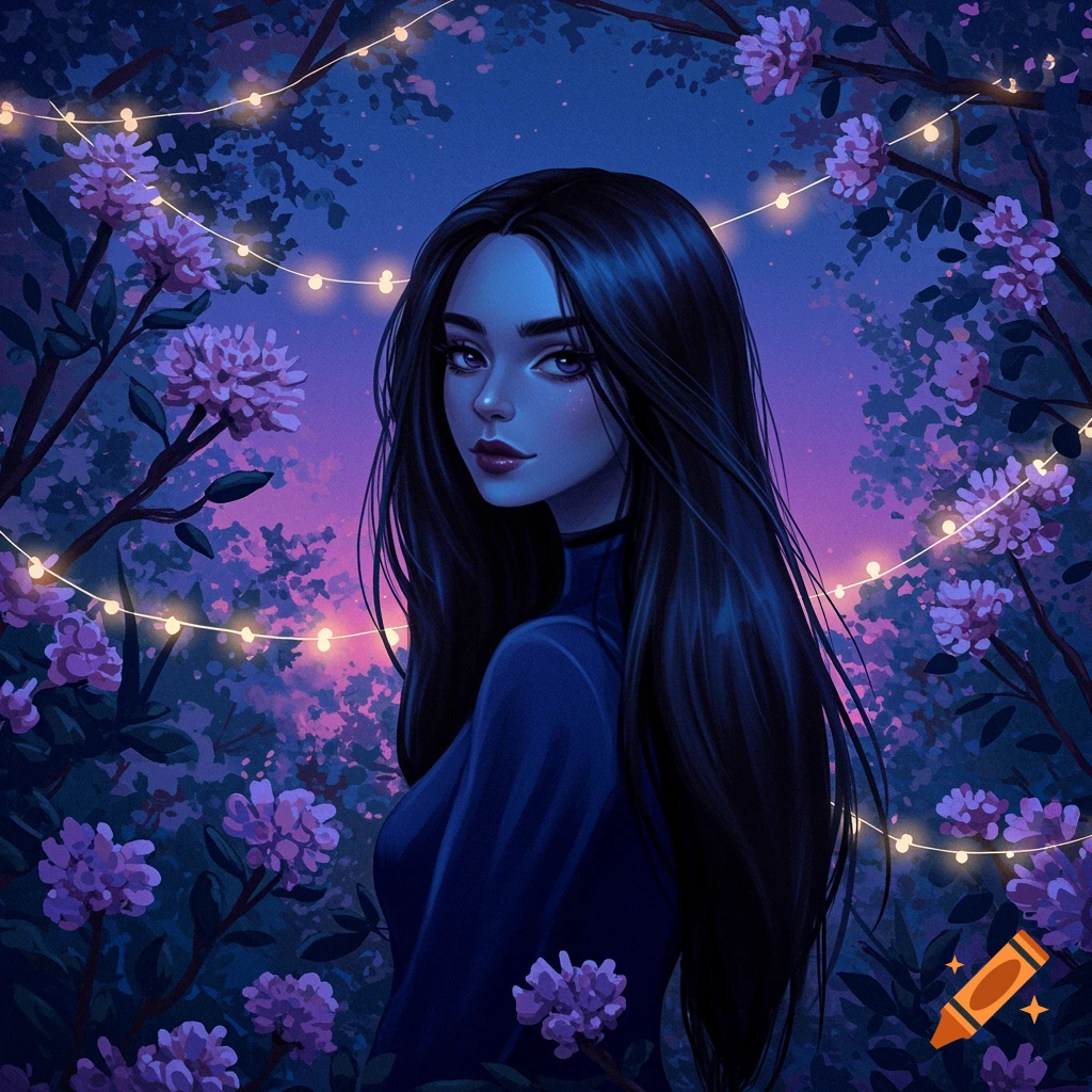 Digital illustration of a girl with long dark hair in a magical garden with purple flowers and string lights.
