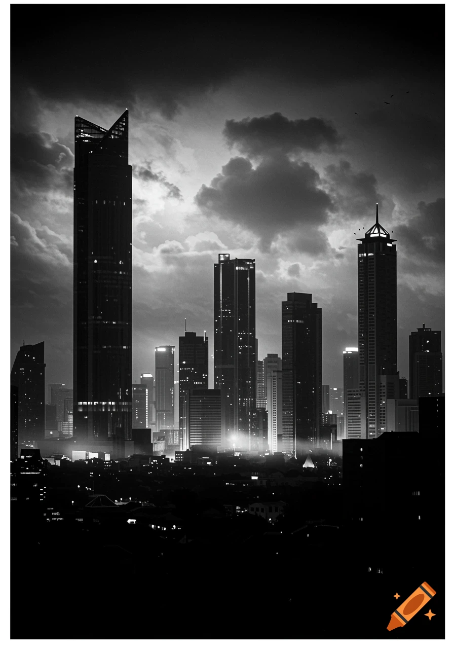 Dramatic black and white cityscape at night, with tall illuminated skyscrapers piercing through a cloudy sky.