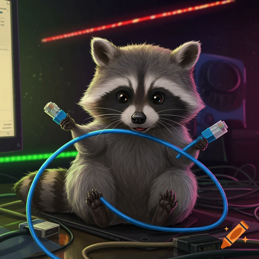 A cute raccoon sits amidst tangled wires and glowing tech equipment, holding a blue ethernet cable.