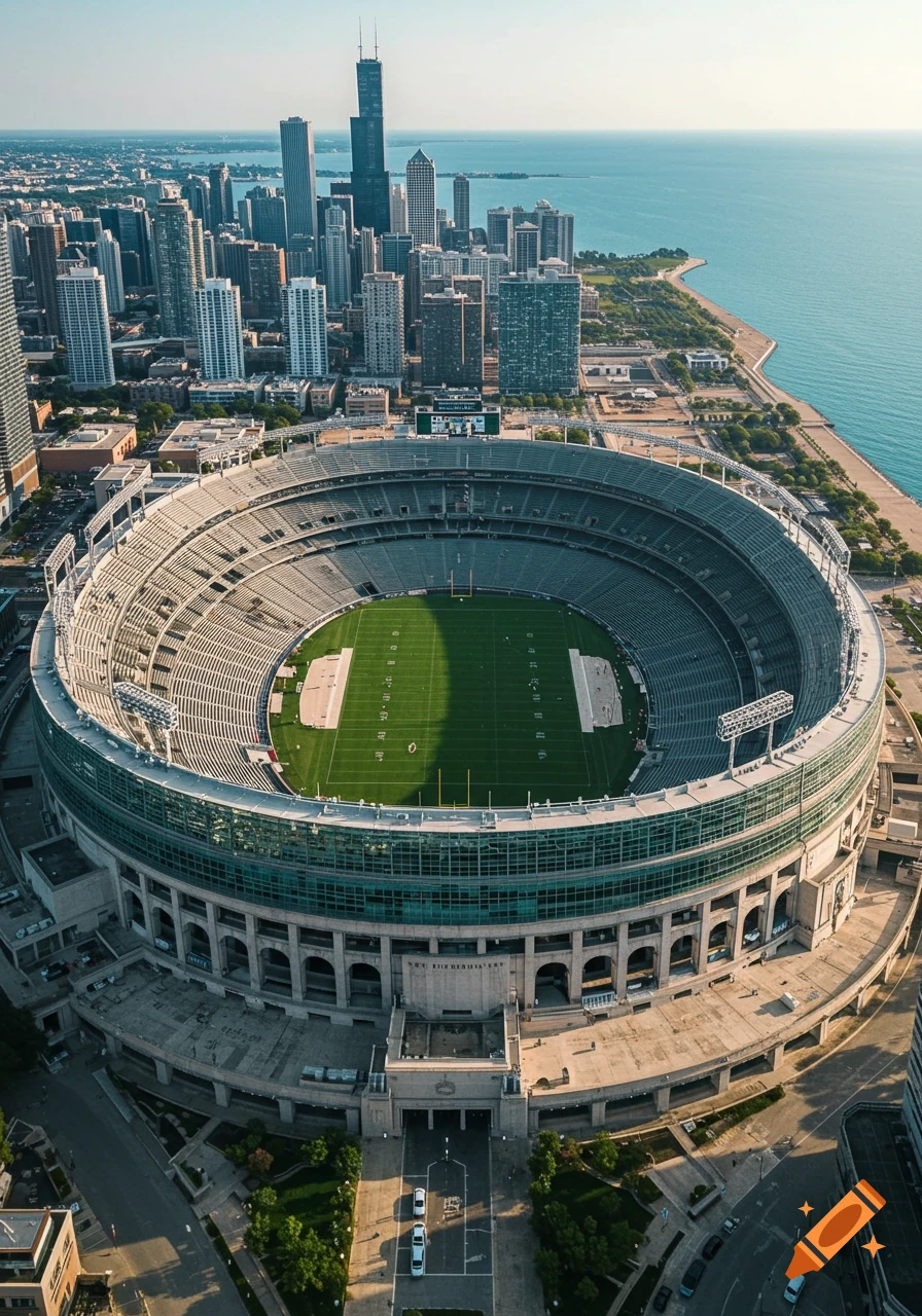 Aerial view of Soldier Field football stadium with the Chicago skyline and Lake Michigan in the background.