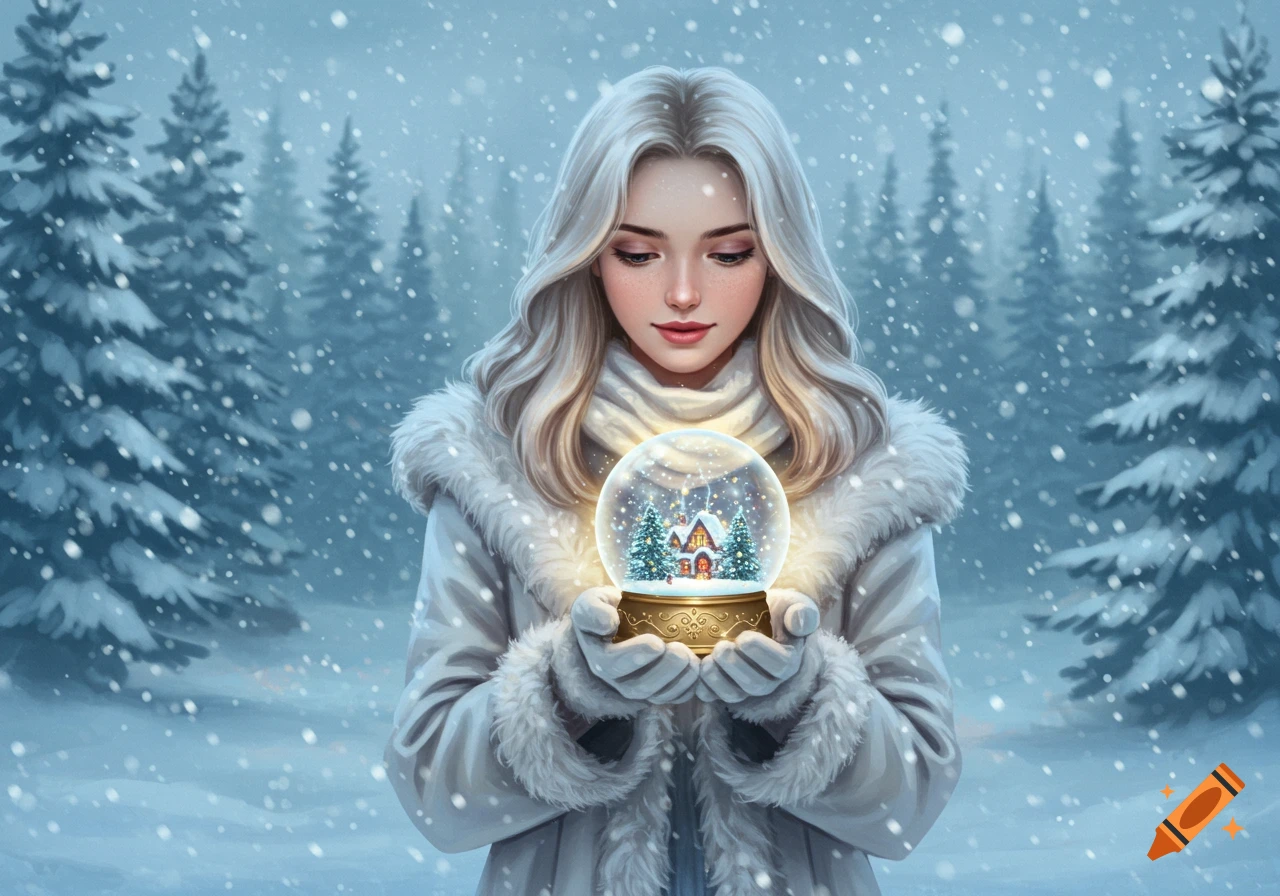 A blonde woman in a winter coat holding a glowing snow globe in a snowy forest, digital painting.