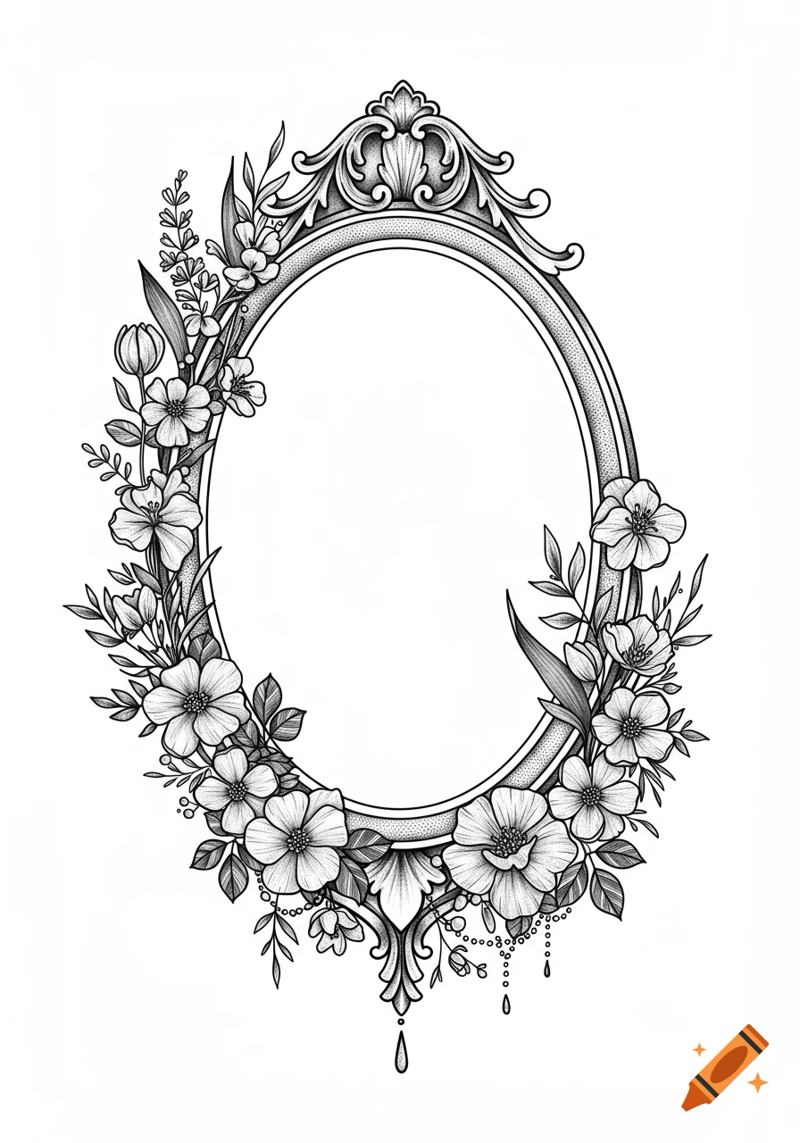 Black and white illustration of an ornate oval gothic frame surrounded by wildflowers and leaves.