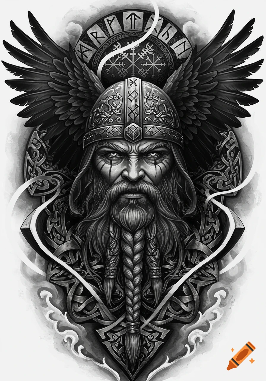 Black and white tattoo design of a fierce Viking warrior with a helmet, braided beard, surrounded by Celtic knots and runic symbols.
