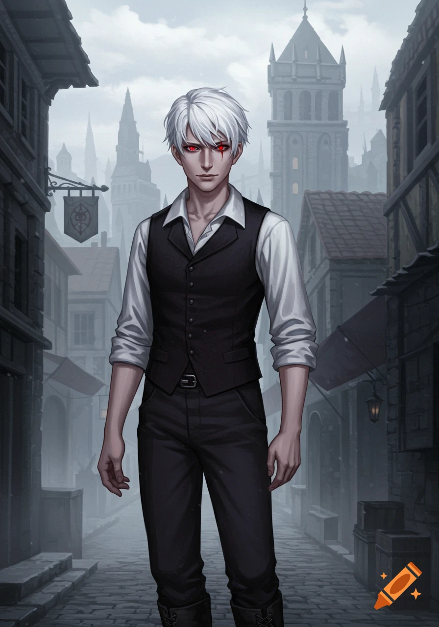 A white-haired, red-eyed young man in a black vest and white shirt stands in a misty, cobblestone medieval town street.