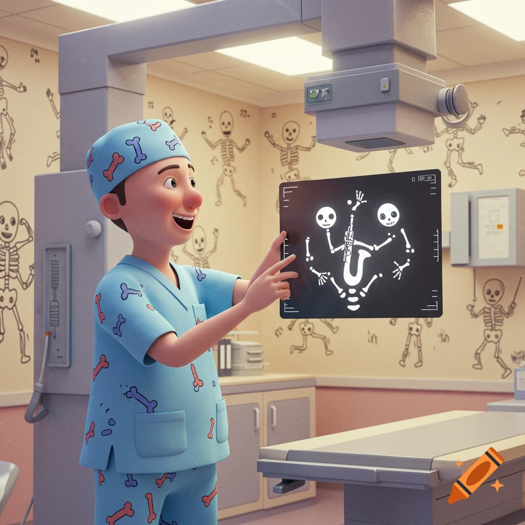 A cartoon doctor in blue scrubs holds a humorous X-ray of two skeletons with a saxophone, in a room with skeleton drawings.