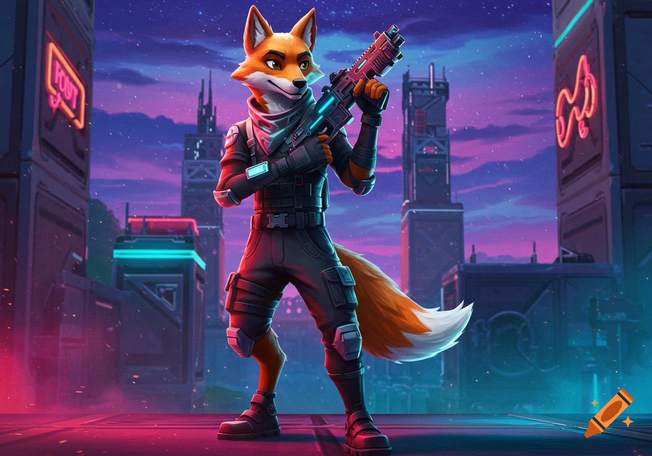 A stylized anthropomorphic fox in a tactical suit holds a futuristic gun in a neon-lit sci-fi city under a purple sky.