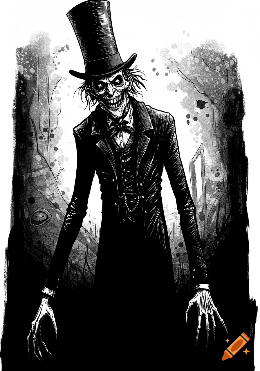 A creepy, tall, twisted monster in a top hat and suit with a wide grin and skeletal hands, in black ink drawing style.