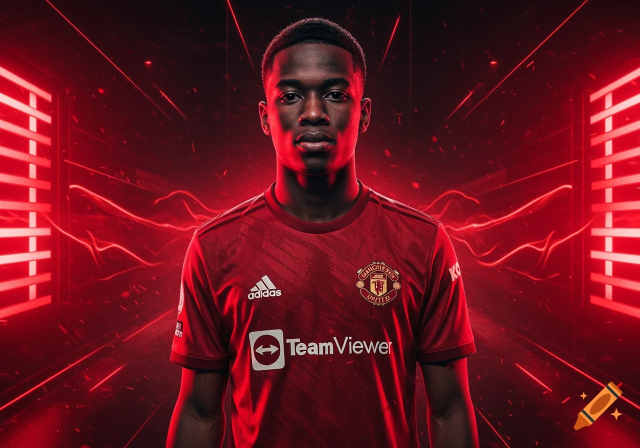 Young man in a red Manchester United soccer jersey with glowing red lights and abstract energy waves in a sharp digital illustration.