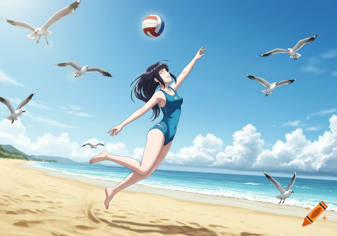 An anime girl in a blue swimsuit jumps to hit a volleyball on a sunny beach with seagulls flying overhead.
