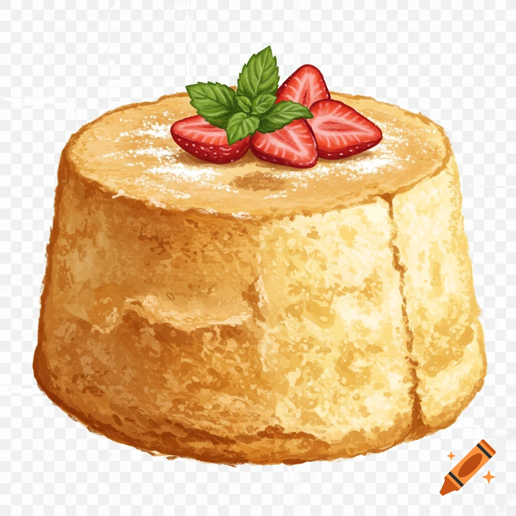 A hand-painted angel food cake topped with sliced strawberries and mint leaves on a transparent background.