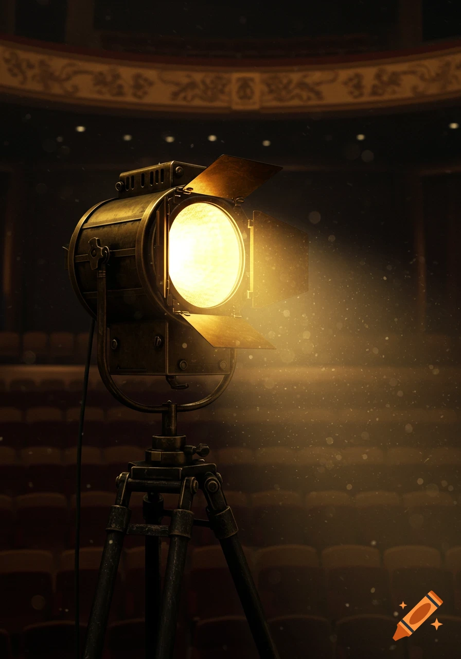 A vintage spotlight illuminates a dusty stage with rows of empty theater seats in the background.
