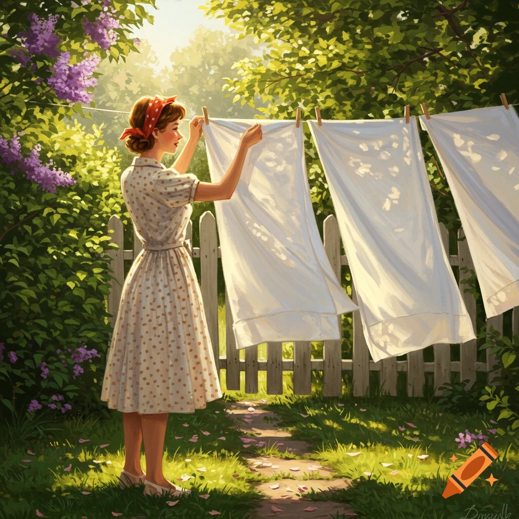 A woman in a polka dot dress hangs white laundry on a clothesline in a sunny garden with lilac bushes and a white fence, in an illustrative style.