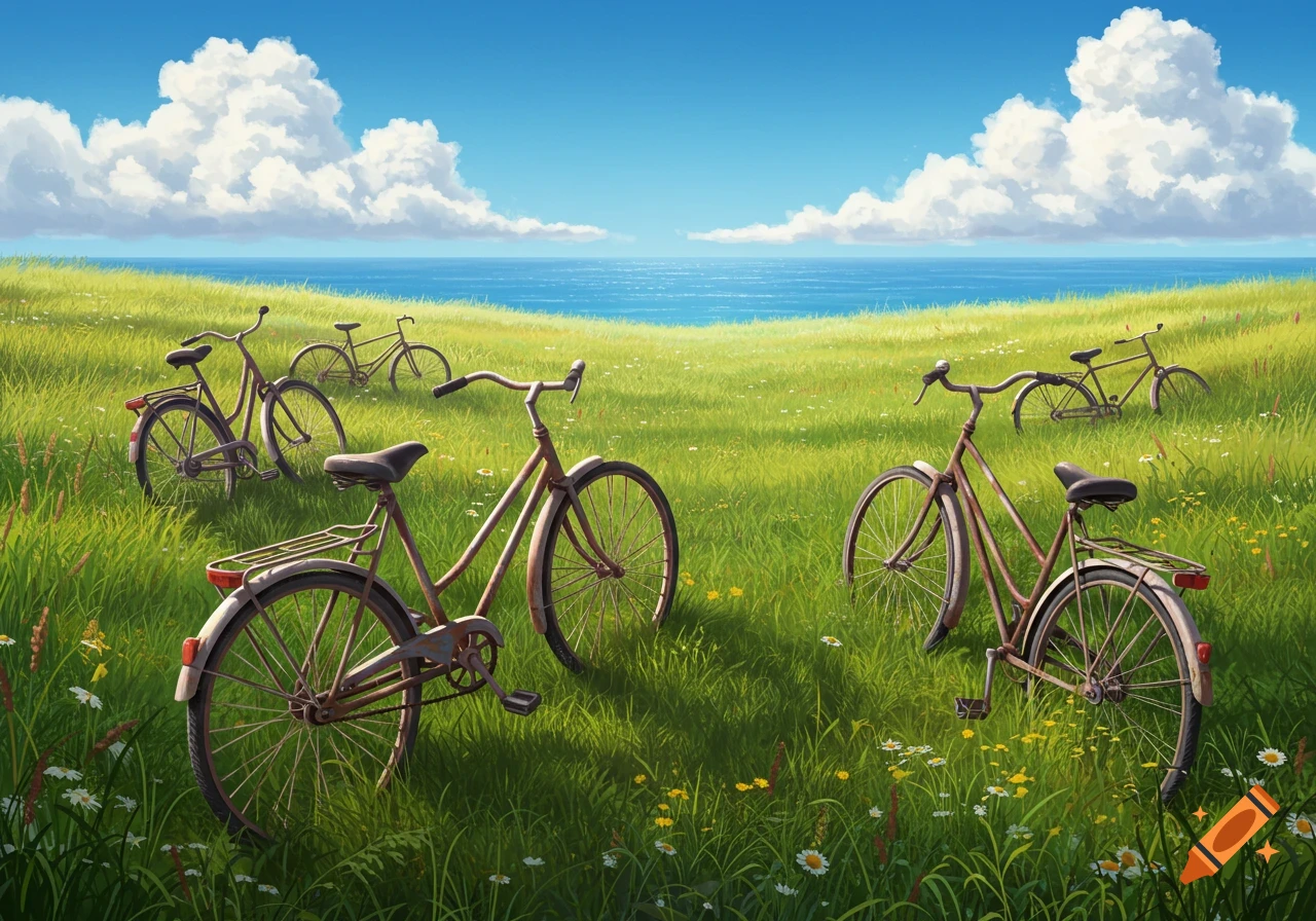Old bicycles rest in a grassy field overlooking a blue ocean under a cloudy sky, in a painterly style.