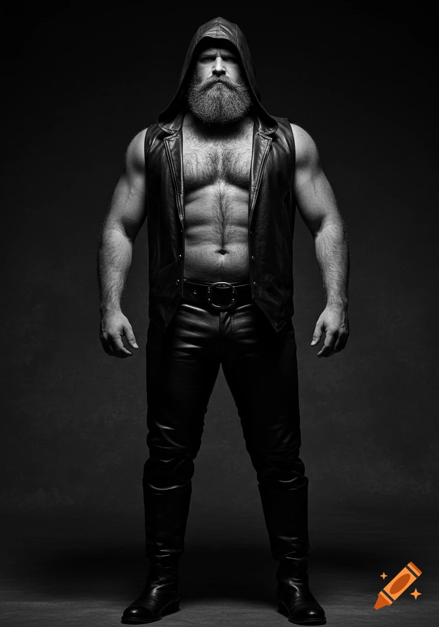 Photorealistic black and white portrait of a hirsute man with a full beard, wearing a black leather hooded vest and leather pants.
