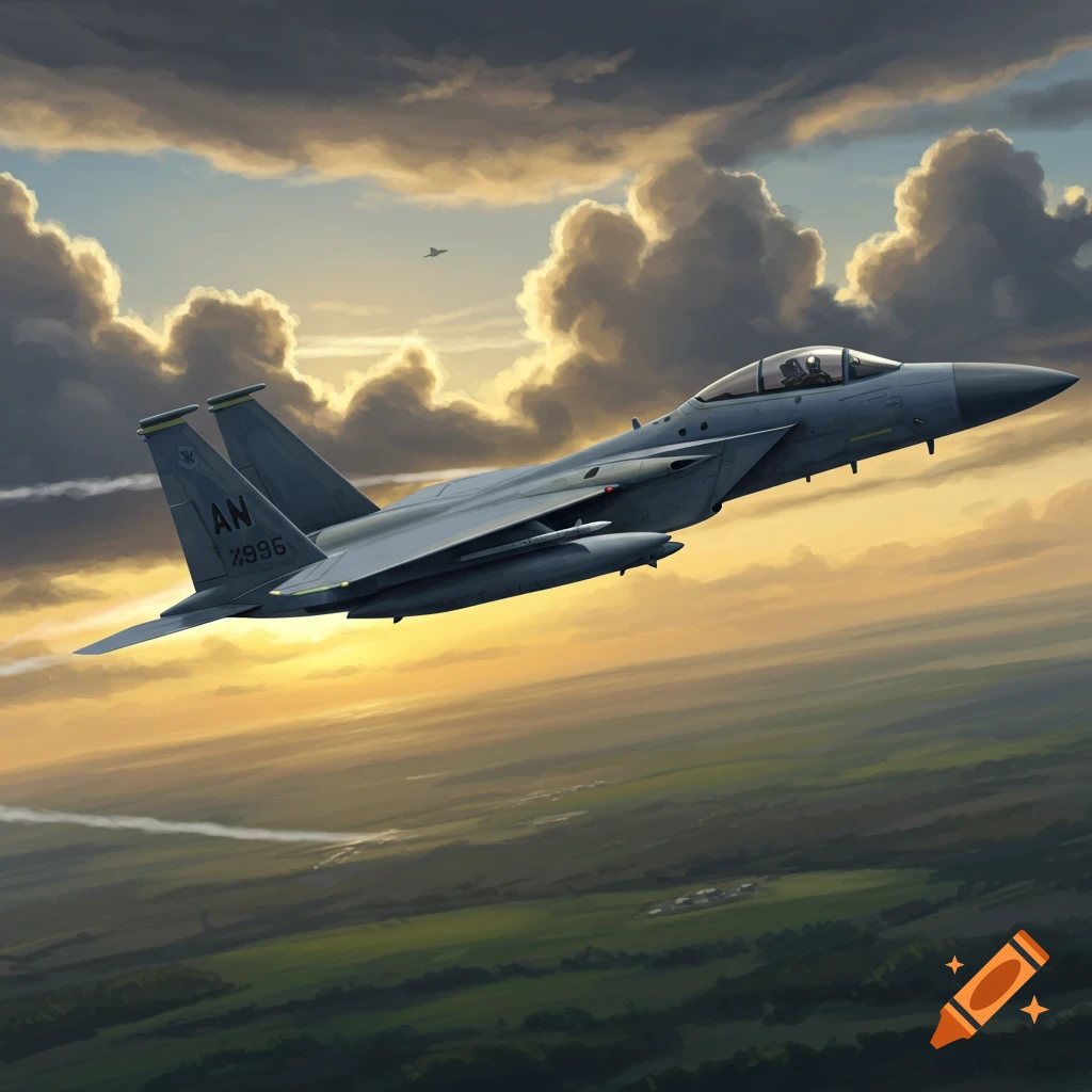 An F-15E fighter jet soars through a cloudy sunset sky above a green landscape, in a digital painting.