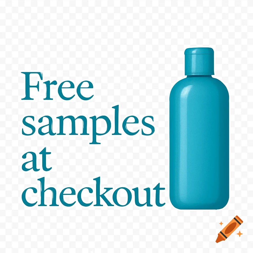 A teal blue shampoo bottle stands next to the words "Free samples at checkout" in matching teal text, all on a transparent background.