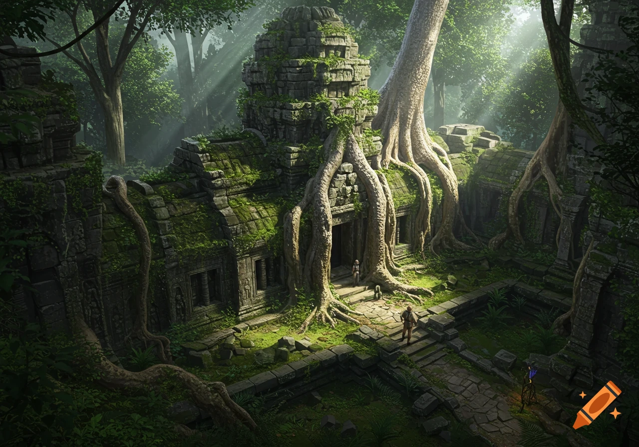 A realistic top-down view of an ancient stone temple ruin in a rainforest, overgrown by large tree roots, with an explorer.