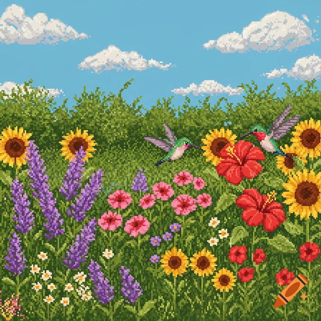A vibrant pixel art meadow scene with sunflowers, purple flowers, and red hibiscus. Two hummingbirds fly among the flowers under a blue sky with pixelated clouds.