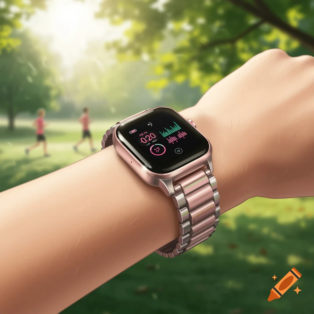 Close-up of a person's wrist wearing a rose gold fitness watch with a digital display, with blurred runners in a sunny park background.