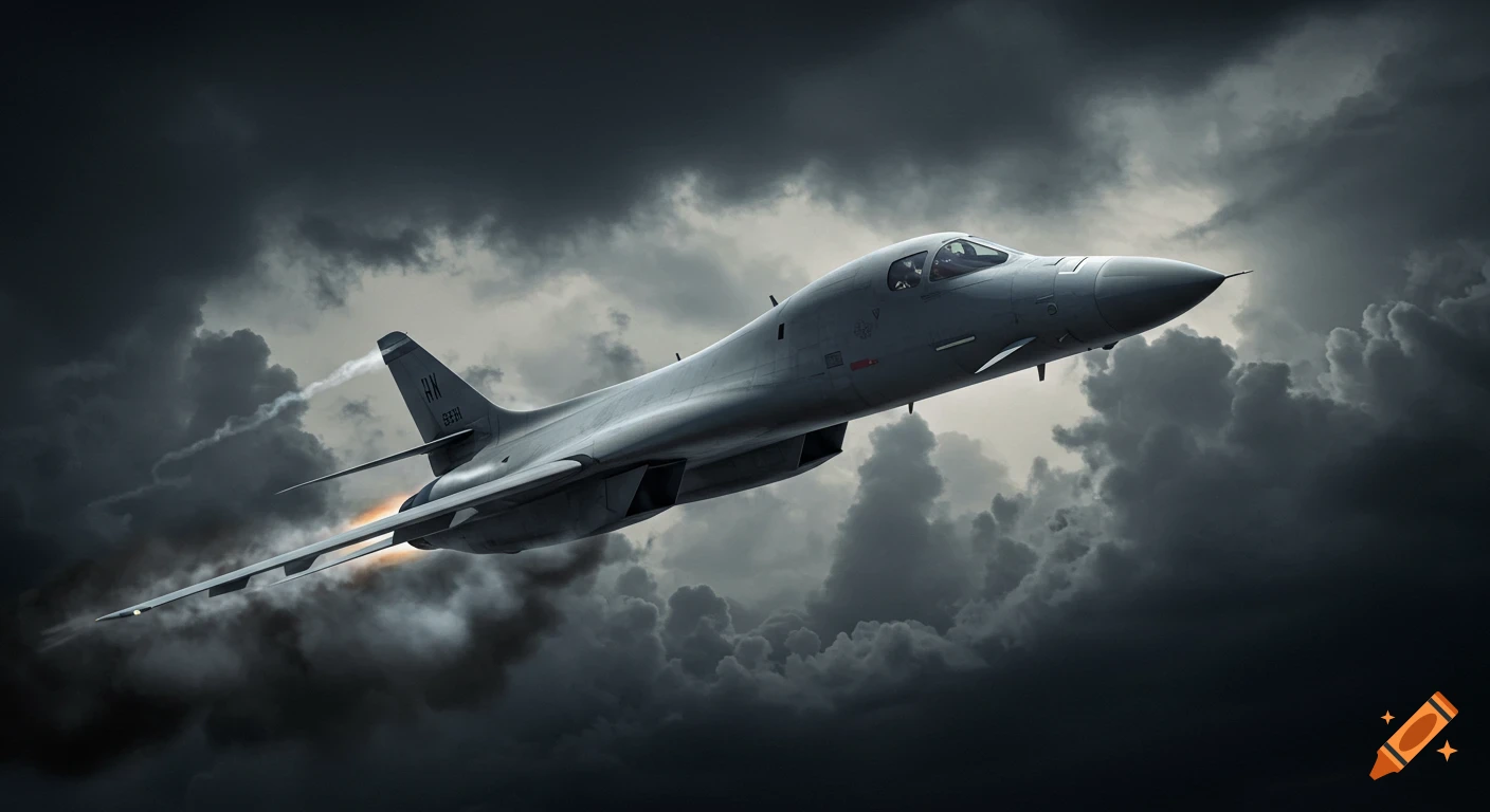 A photorealistic B1 Lancer bomber flies through a dark, cloudy sky.