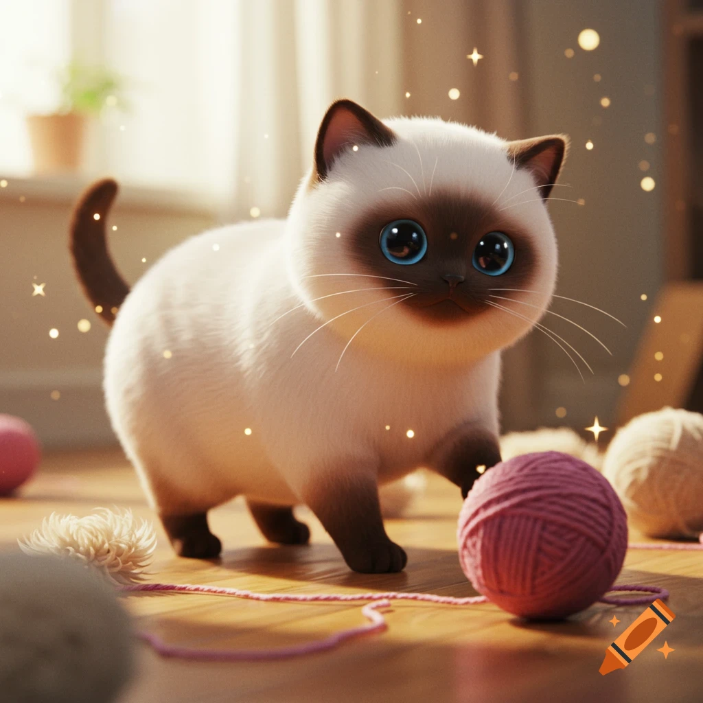 A fluffy, chubby seal point cat with big blue eyes pouncing on a pink ball of yarn, surrounded by sparkling lights.