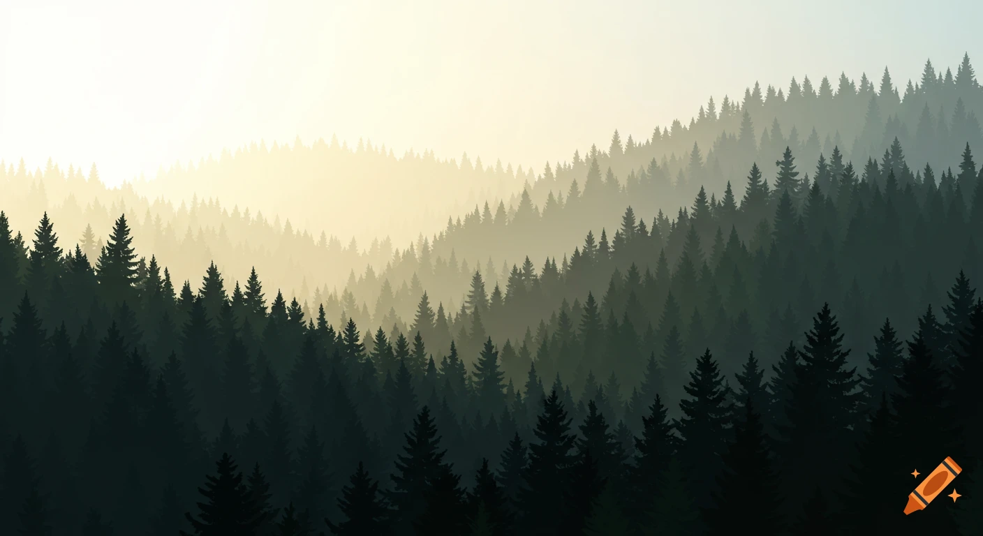 A stylized landscape of dark fir trees on rolling hills against a bright, hazy sky that fades from white to yellow to blue-grey.