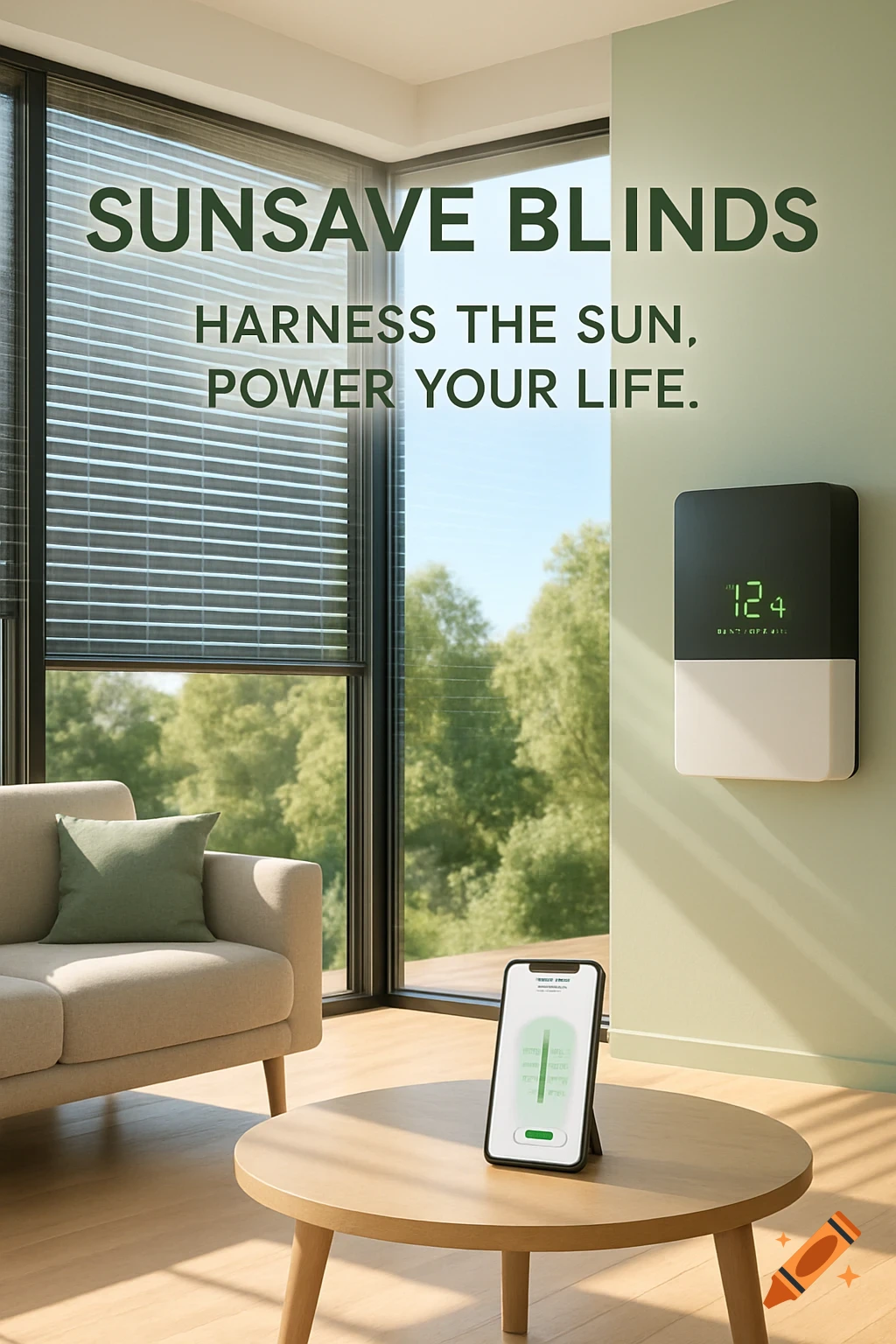 A modern living room with large windows fitted with solar-powered blinds. A smart battery pack is on the wall, and a smartphone displays an app on a table. Text reads: SunSave Blinds – Harness the Sun. Power Your Life.