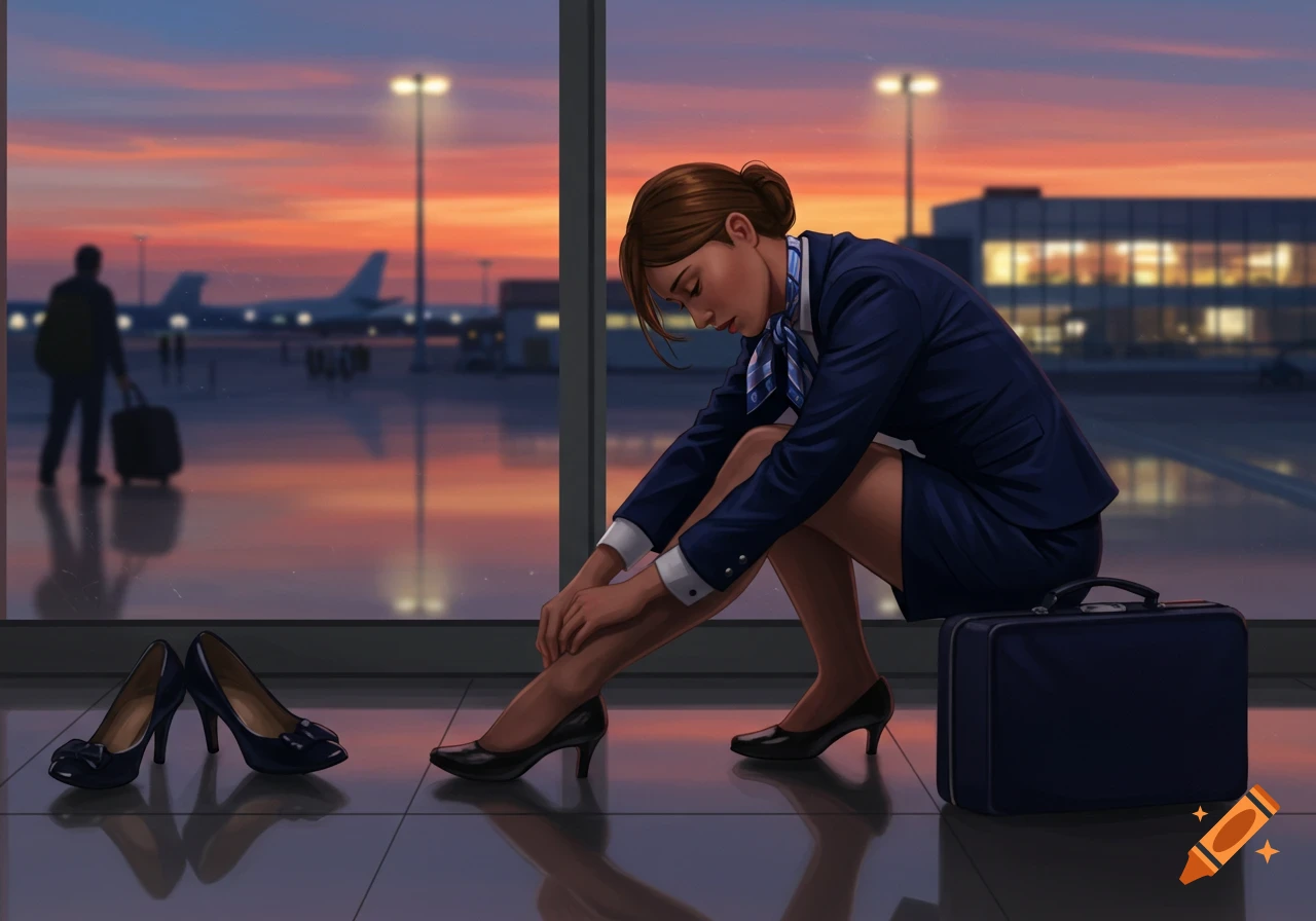 An illustrative image of a tired flight attendant sitting on her suitcase at an airport terminal, removing her high heels with a sunset visible outside.