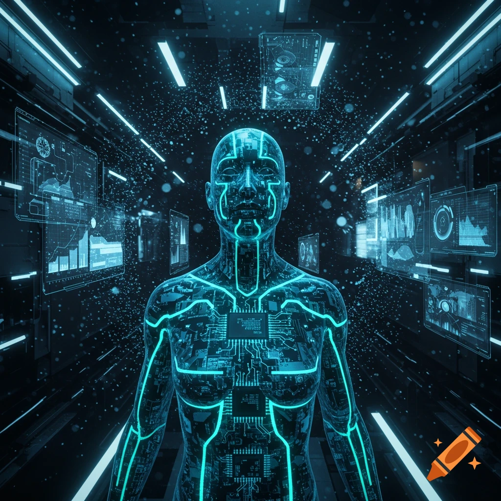 A glowing blue cybernetic human figure stands in a dark futuristic tunnel surrounded by holographic data screens.