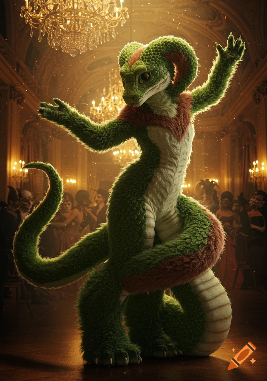 A photorealistic snake fursuit dancer in a grand ballroom with chandeliers.