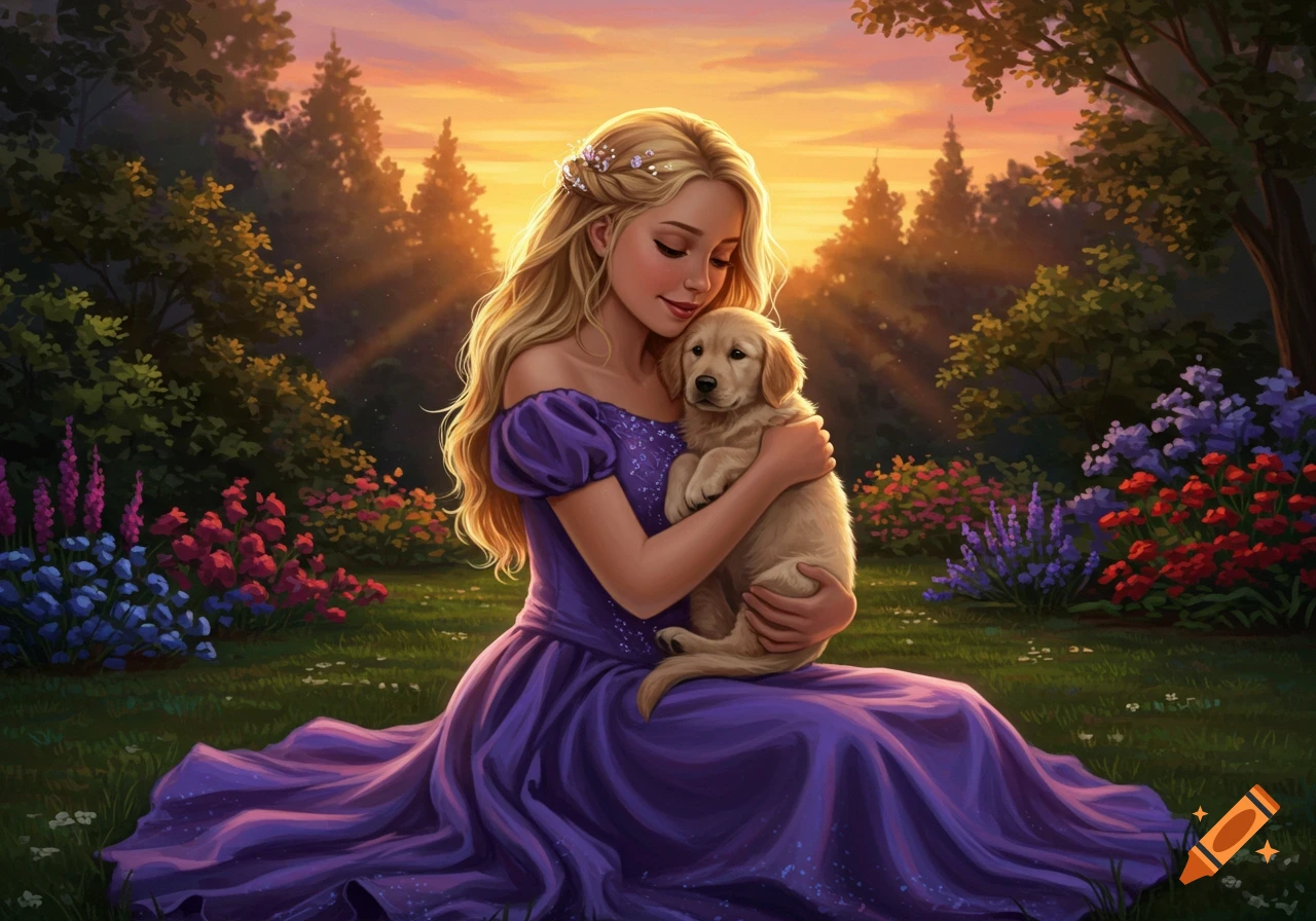 A blonde woman in a purple gown cradles a golden retriever puppy in a vibrant garden at sunset, in an illustrative style.