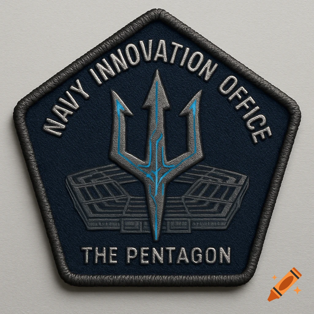 A detailed embroidered patch for the Navy Innovation Office, featuring a trident, the Pentagon building outline, and text, on a dark blue background.