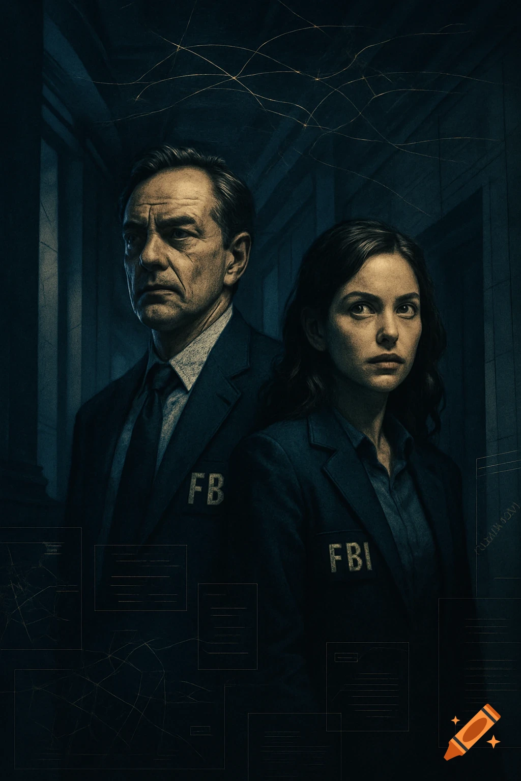 A man and a woman, both serious-looking FBI agents, stand in a dark, atmospheric setting with faint document and schematic overlays.