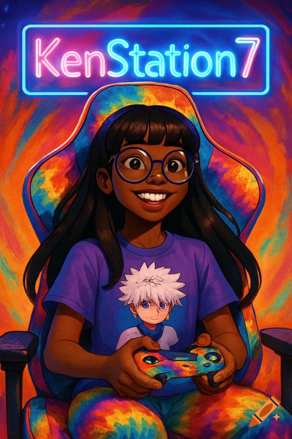 An animated Black girl with glasses and a Killua t-shirt smiles, gaming in a tie-dye chair with a matching controller. A neon 'KenStation7' sign is behind her.